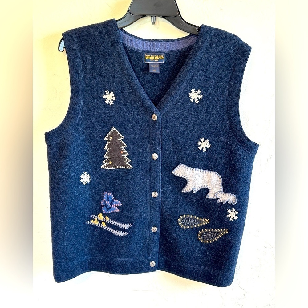 Woolrich Navy 100% Wool Button Up Winter Scene Cottagecore Festive Vest Sz L